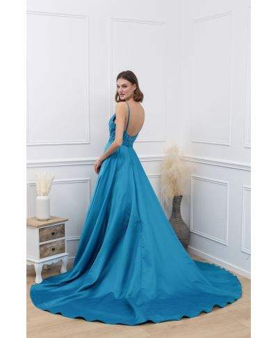 Vestito lungo elegante corpetto in pizzo e paillettes - Turchese - Vestiti da cerimonia online - Gogolfun.it