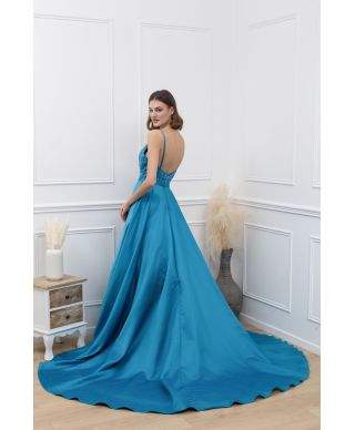 Vestito lungo elegante corpetto in pizzo e paillettes - Turchese - Vestiti da cerimonia online - Gogolfun.it