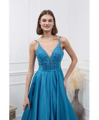 Vestito lungo elegante corpetto in pizzo e paillettes - Turchese - Vestiti da cerimonia online - Gogolfun.it