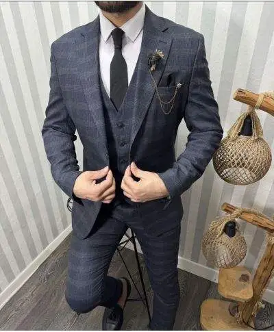 Abito uomo a quadri, Slim - Blu, con gilet