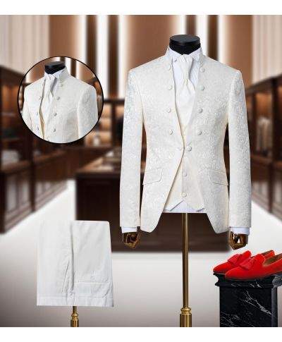 Abito uomo cerimonia, Bianco - Vestito Sposo, coreano Damascato - Disponibile Bianco e nero,