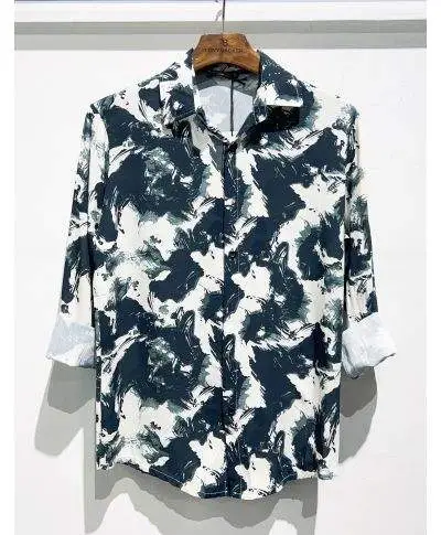 Camicia uomo collo Italiano - Stampa avion su bianco - Manica lunga