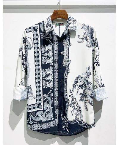 Camicia uomo collo Italiano - Stampa blu su bianco - Manica lunga