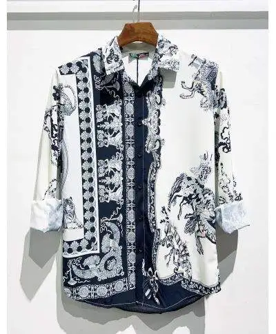 Camicia uomo collo Italiano - Stampa blu su bianco - Manica lunga