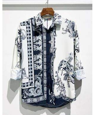 Camicia uomo collo Italiano - Stampa blu su bianco - Manica lunga