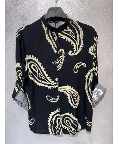 Camicia coreana nera con disegno cachemire – Manica lunga, estiva