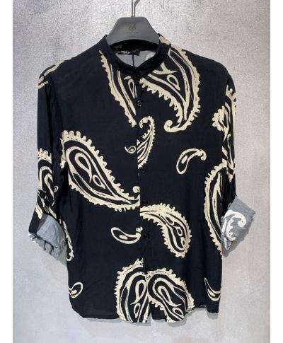 Camicia coreana nera, disegno cachemire - Manica lunga, estiva