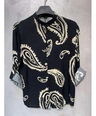 Camicia coreana nera con disegno cachemire – Manica lunga, estiva