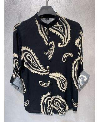 Camicia coreana nera, disegno cachemire - Manica lunga, estiva