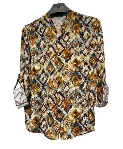Camicia uomo estiva a fantasia marrone – Colletto coreano e maniche risvoltabili