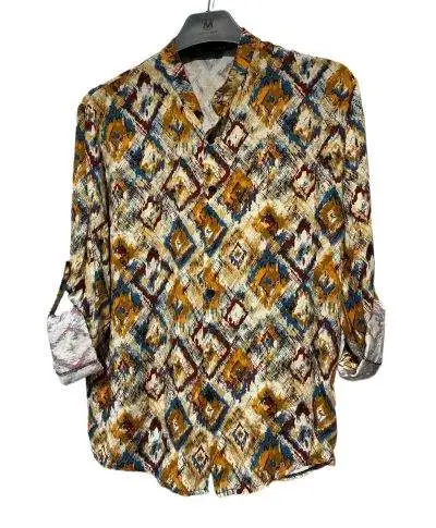 Camicia uomo estiva a fantasia marrone – Colletto coreano e maniche risvoltabili