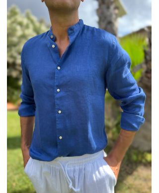Camicia uomo in puro lino con colletto alla coreana – Blu oceano