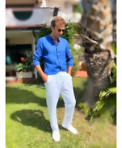 Camicia uomo in puro lino con colletto alla coreana – Blu oceano