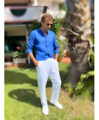 Camicia uomo in puro lino con colletto alla coreana – Blu oceano