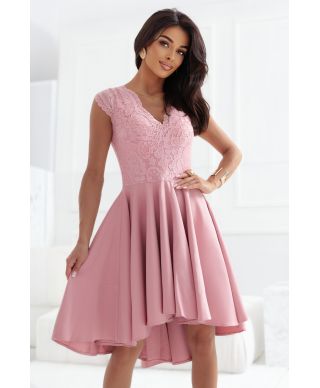  300-7 PATRICIA elegancka sukienka z dłuższym tyłem i koronkowym dekoltem - BRUDNY RÓŻ 