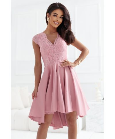  300-7 PATRICIA elegancka sukienka z dłuższym tyłem i koronkowym dekoltem - BRUDNY RÓŻ 