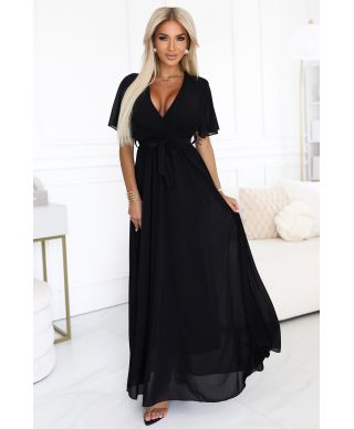  545-5 Długa sukienka z plisowanym dekoltem i wiązaniem - CZARNA 