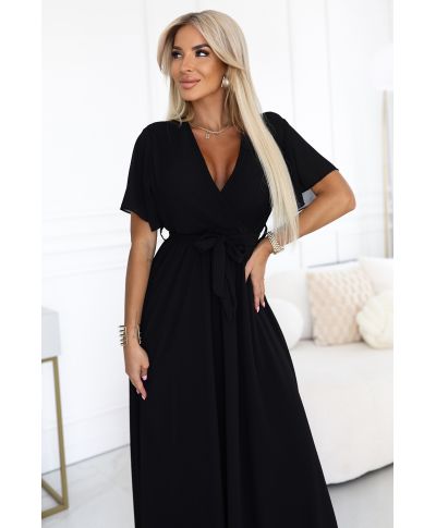  545-5 Długa sukienka z plisowanym dekoltem i wiązaniem - CZARNA 