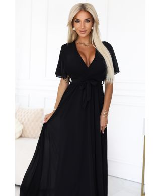  545-5 Długa sukienka z plisowanym dekoltem i wiązaniem - CZARNA 