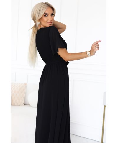  545-5 Długa sukienka z plisowanym dekoltem i wiązaniem - CZARNA 