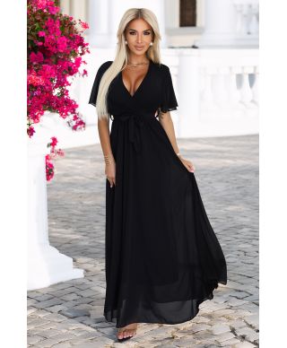  545-5 Długa sukienka z plisowanym dekoltem i wiązaniem - CZARNA 