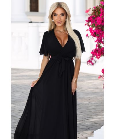  545-5 Długa sukienka z plisowanym dekoltem i wiązaniem - CZARNA 