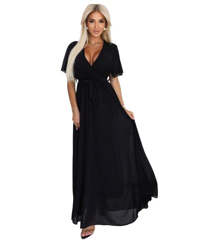  545-5 Długa sukienka z plisowanym dekoltem i wiązaniem - CZARNA 