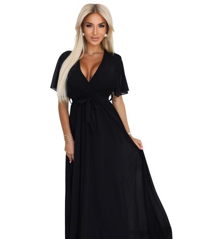  545-5 Długa sukienka z plisowanym dekoltem i wiązaniem - CZARNA 