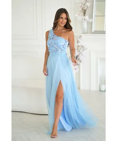 Vestito elegante monospalla azzurro - Olivia - Vestiti da cerimonia online - Gogolfun.it
