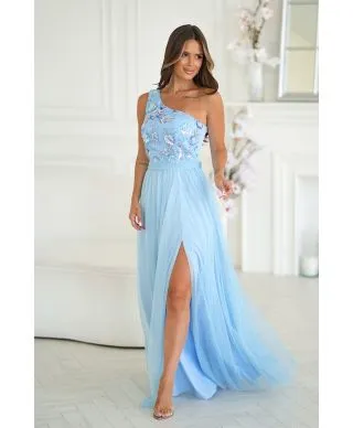 Vestito elegante monospalla azzurro - Olivia - Vestiti da cerimonia online - Gogolfun.it