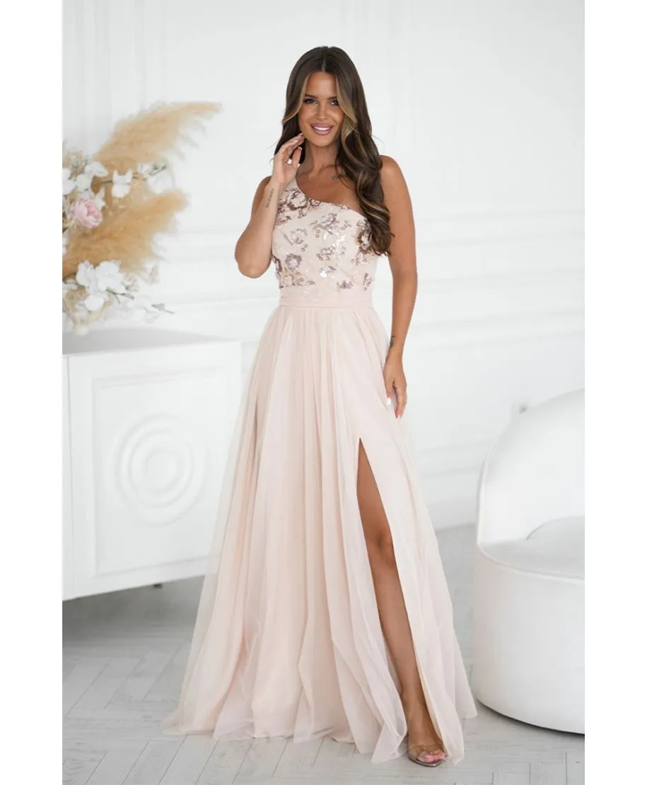 Abito da cerimonia monospalla color champagne - Olivia - Abiti da cerimonia online - Gogolfun.it