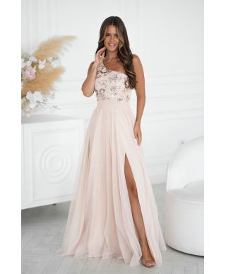 Abito da cerimonia monospalla color champagne - Olivia - Abiti da cerimonia online - Gogolfun.it