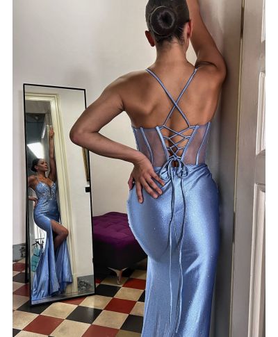 Vestito a sirena azzurro con lo spacco - Serena - Vestiti da cerimonia online - Gogolfun.it
