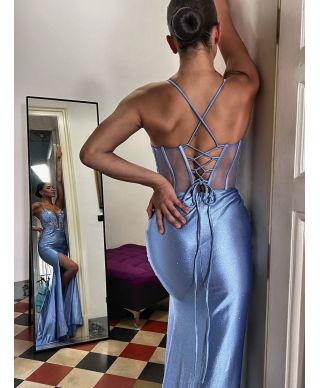 Vestito a sirena azzurro con lo spacco - Serena - Vestiti da cerimonia online - Gogolfun.it