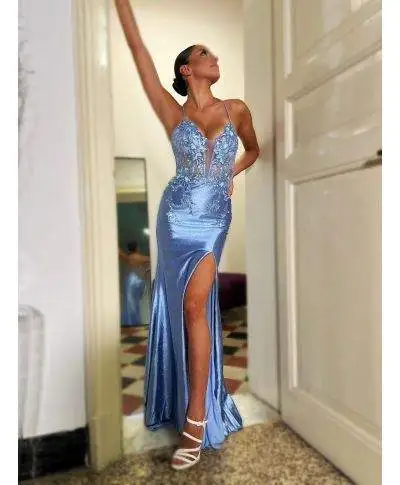Vestito a sirena azzurro con lo spacco - Serena - Vestiti da cerimonia online - Gogolfun.it