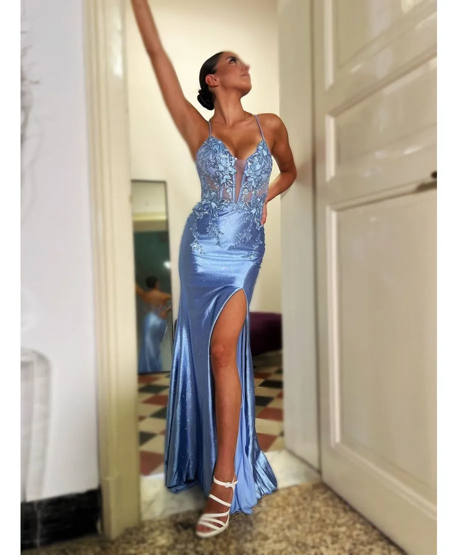 Vestito a sirena azzurro con lo spacco - Serena - Vestiti da cerimonia online - Gogolfun.it