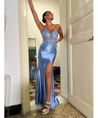 Vestito a sirena azzurro con lo spacco - Serena - Vestiti da cerimonia online - Gogolfun.it