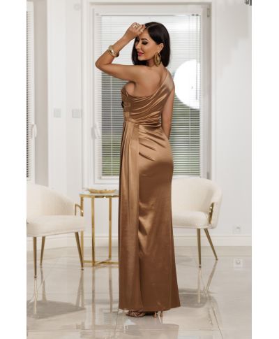 Abito da cerimonia lungo cappuccino monospalla in raso lucido – Loren
