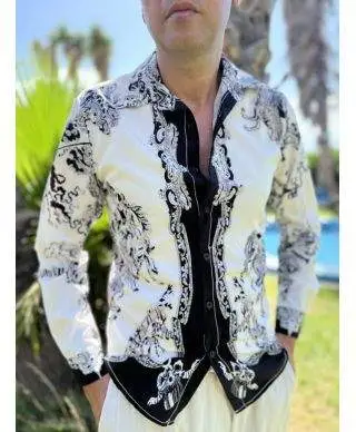 Camicia uomo collo Italiano - Stampa blu su bianco - Manica lunga