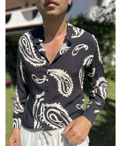 Camicia coreana nera con disegno cachemire – Manica lunga, estiva - Camicie particolari - Gogolfun.it