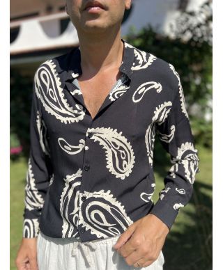 Camicia coreana nera con disegno cachemire – Manica lunga, estiva - Camicie particolari - Gogolfun.it