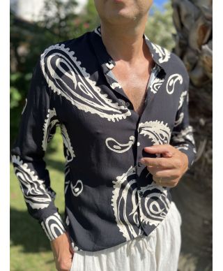 Camicia coreana nera con disegno cachemire – Manica lunga, estiva