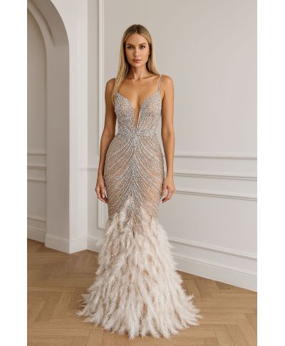 Abito a sirena con piume e strass - Piuma