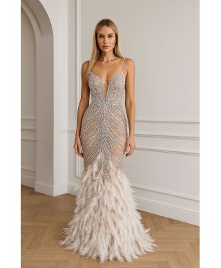 Abito a sirena con piume e strass - Piuma