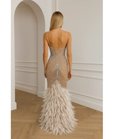Abito a sirena con piume e strass - Piuma