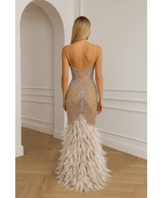 Abito a sirena con piume e strass - Piuma