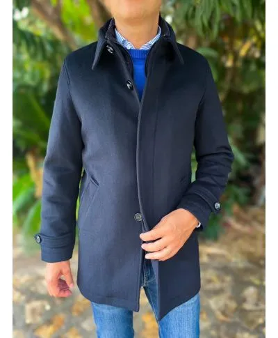 Cappotto uomo blu, con pettorina staccabile - Pura lana, lunghezza media
