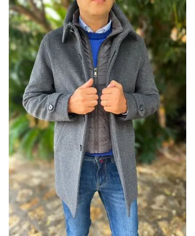Cappotto uomo blu, con pettorina staccabile - Pura lana, lunghezza media