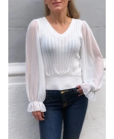 Maglioncino donna, bianco con maniche trasparenti