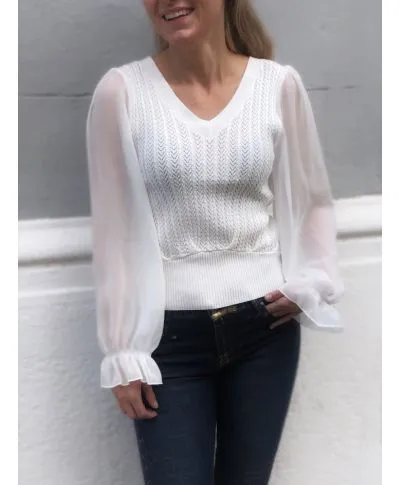 Maglioncino donna, bianco con maniche trasparenti
